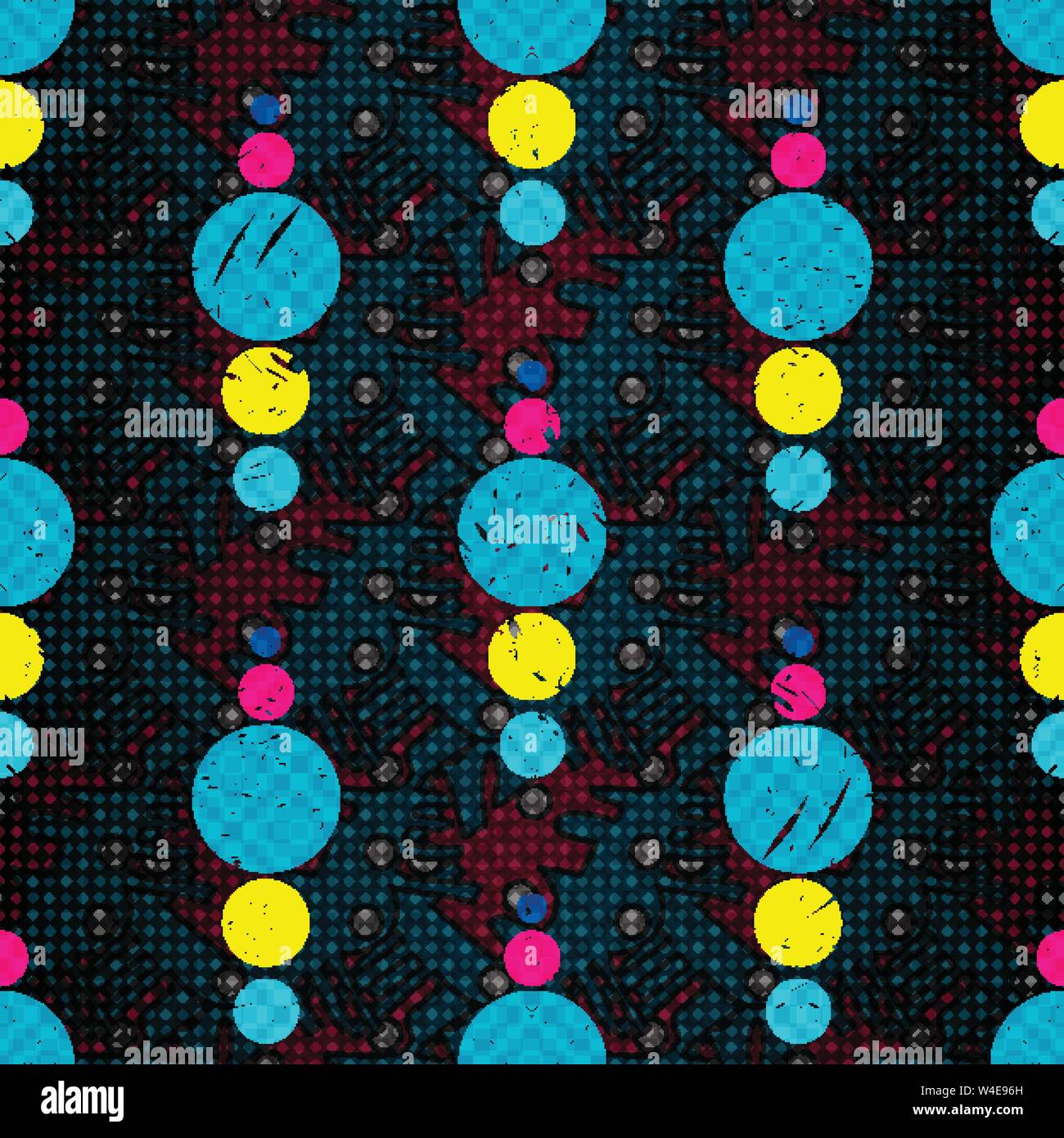 bright psychedelic geometric abstract circles on a dark background seamless pattern Stock Vector