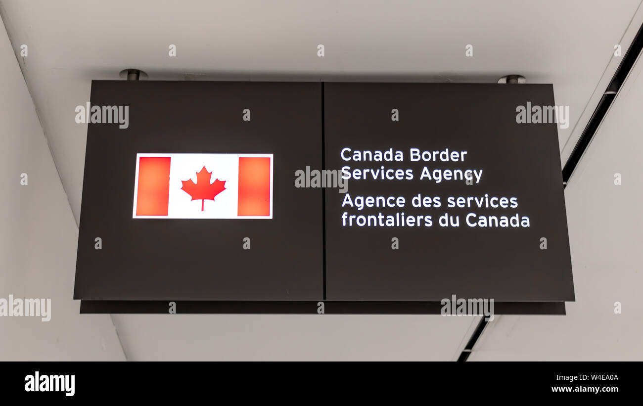 Canada Border Services Agency sign hanging at Toronto Pearson International Airport in Terminal 3. Stock Photo