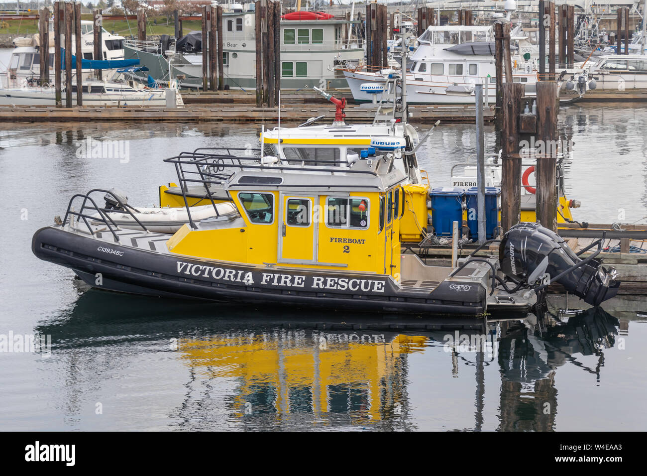 Victoria Fire Rescue boat docked in the inner harbour in downtown Victoria, BC. Stock Photo