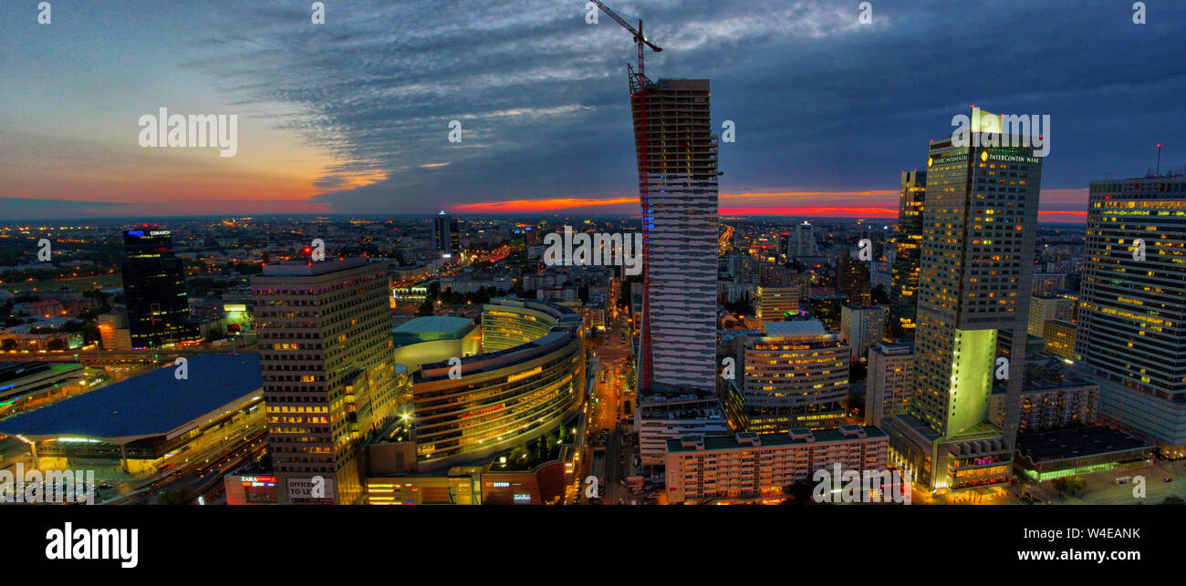 Aerial panoramic view at Warsaw downtown by night, from the top of ...