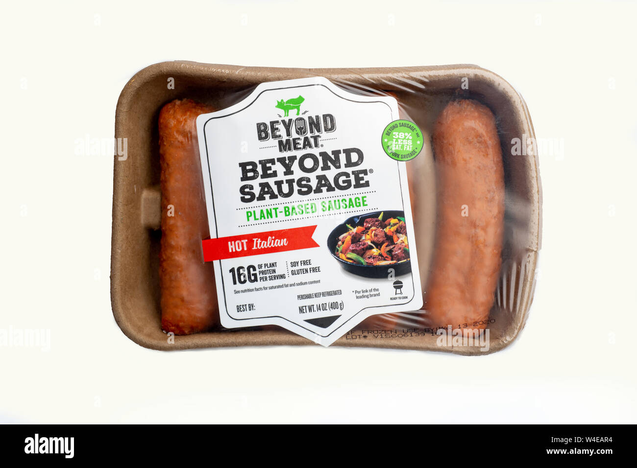 Beyond Meat plant based meatless food products for vegan and vegetarian eating spicy sausages Stock Photo