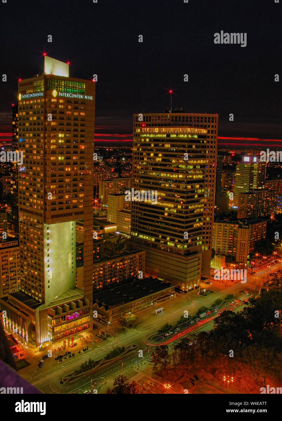Aerial panoramic view at Warsaw downtown by night, from the top of ...