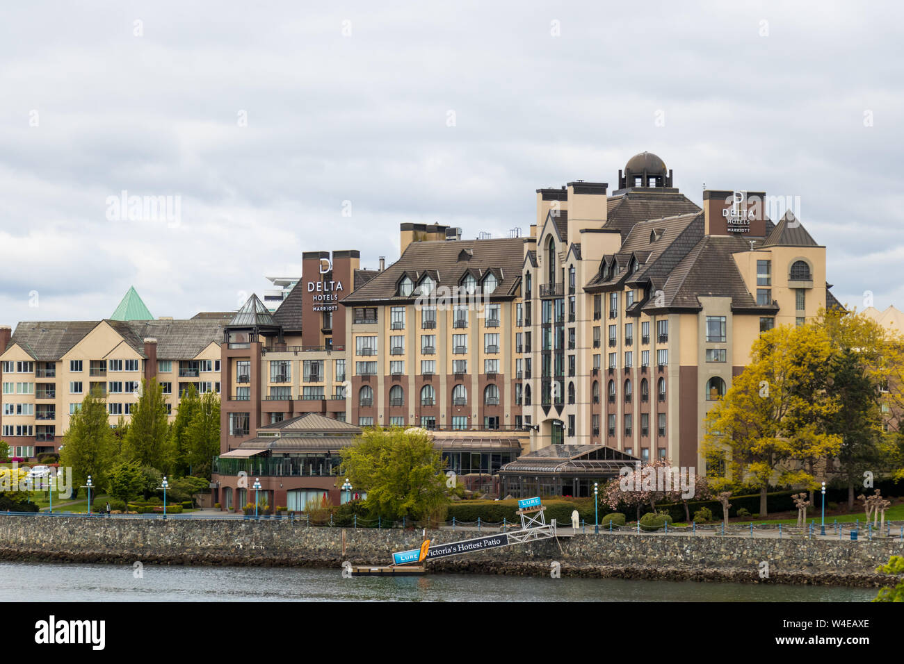 Delta Hotels by Marriott, Victoria Ocean Pointe Resort is seen on a cloudy day in Victoria, BC. Stock Photo