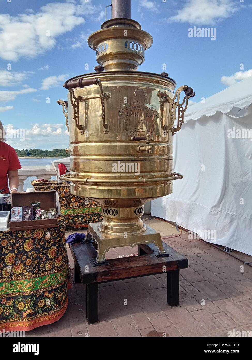 .Big samovar. A device for boiling water with wood. Big samovar. A device for boiling water with wood. Russia. Stock Photo