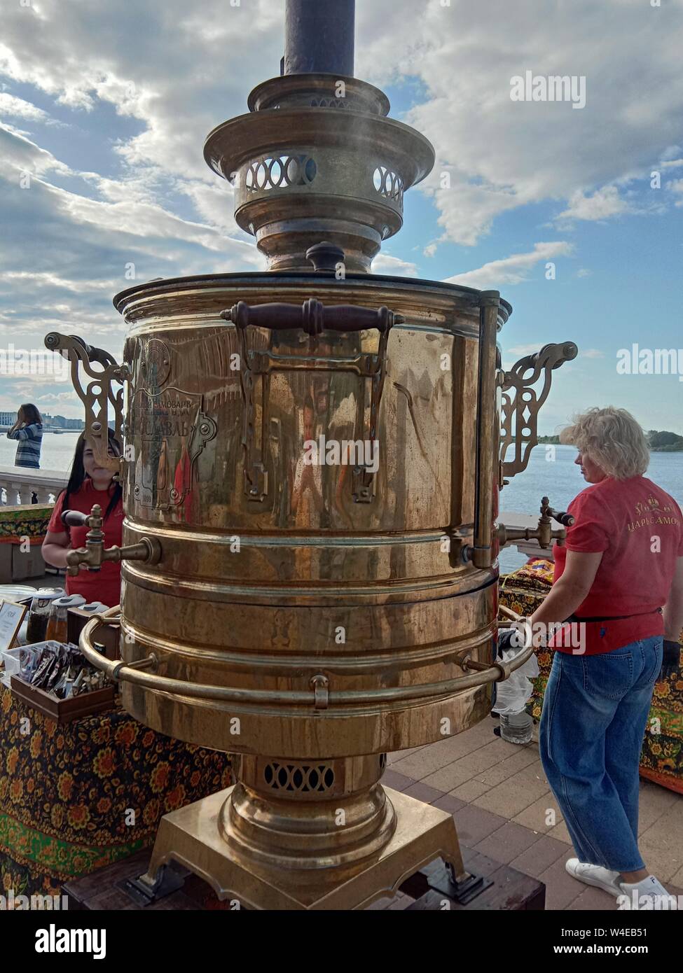 .Big samovar. A device for boiling water with wood. Big samovar. A device for boiling water with wood. Russia. Stock Photo