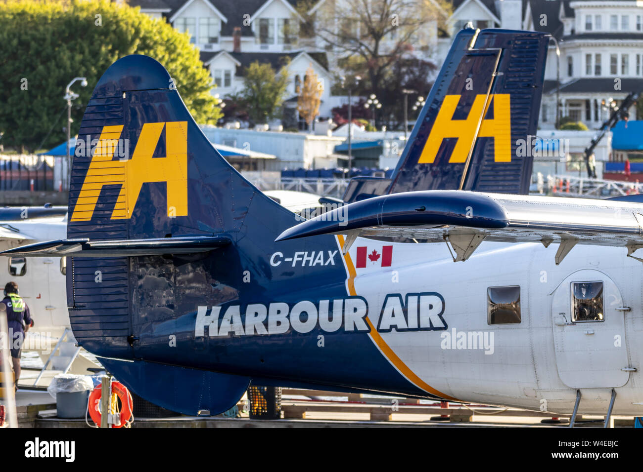 Harbour Air seaplane tails seen while docked at Victoria, BC's Harbour