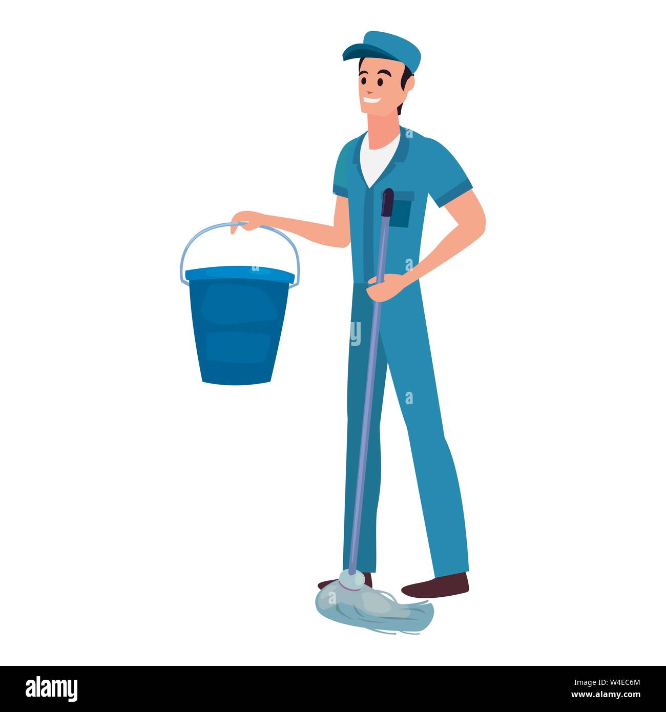 worker cleaning man bucket and mop on white background vector ...
