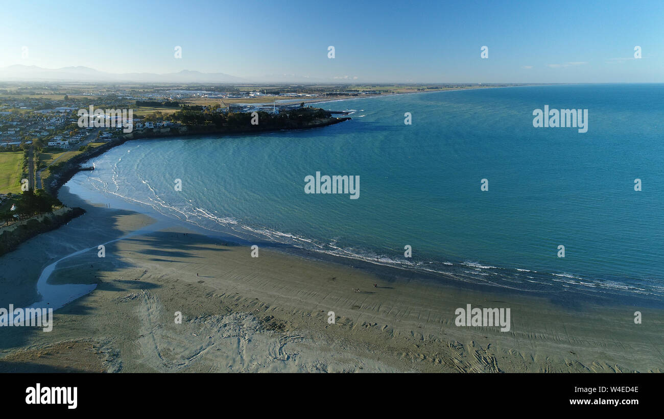 Beach, Caroline Bay, Timaru, South Canterbury, South Island, New Zealand - drone aerial Stock Photo