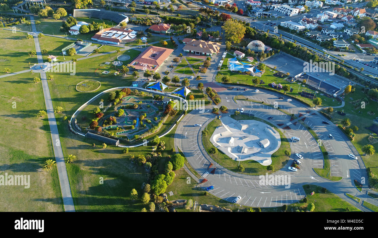 Skateboard Park and car park, Caroline Bay Park, Timaru, South Canterbury, South Island, New Zealand - drone aerial Stock Photo