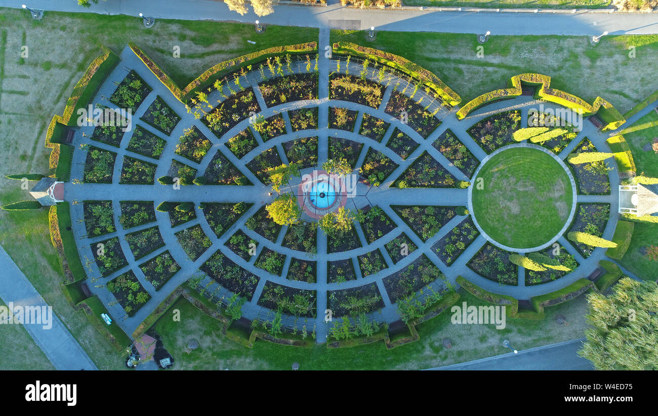 Trevor Griffiths Rose Garden, Caroline Bay Park, Timaru, South Canterbury, South Island, New Zealand - drone aerial Stock Photo