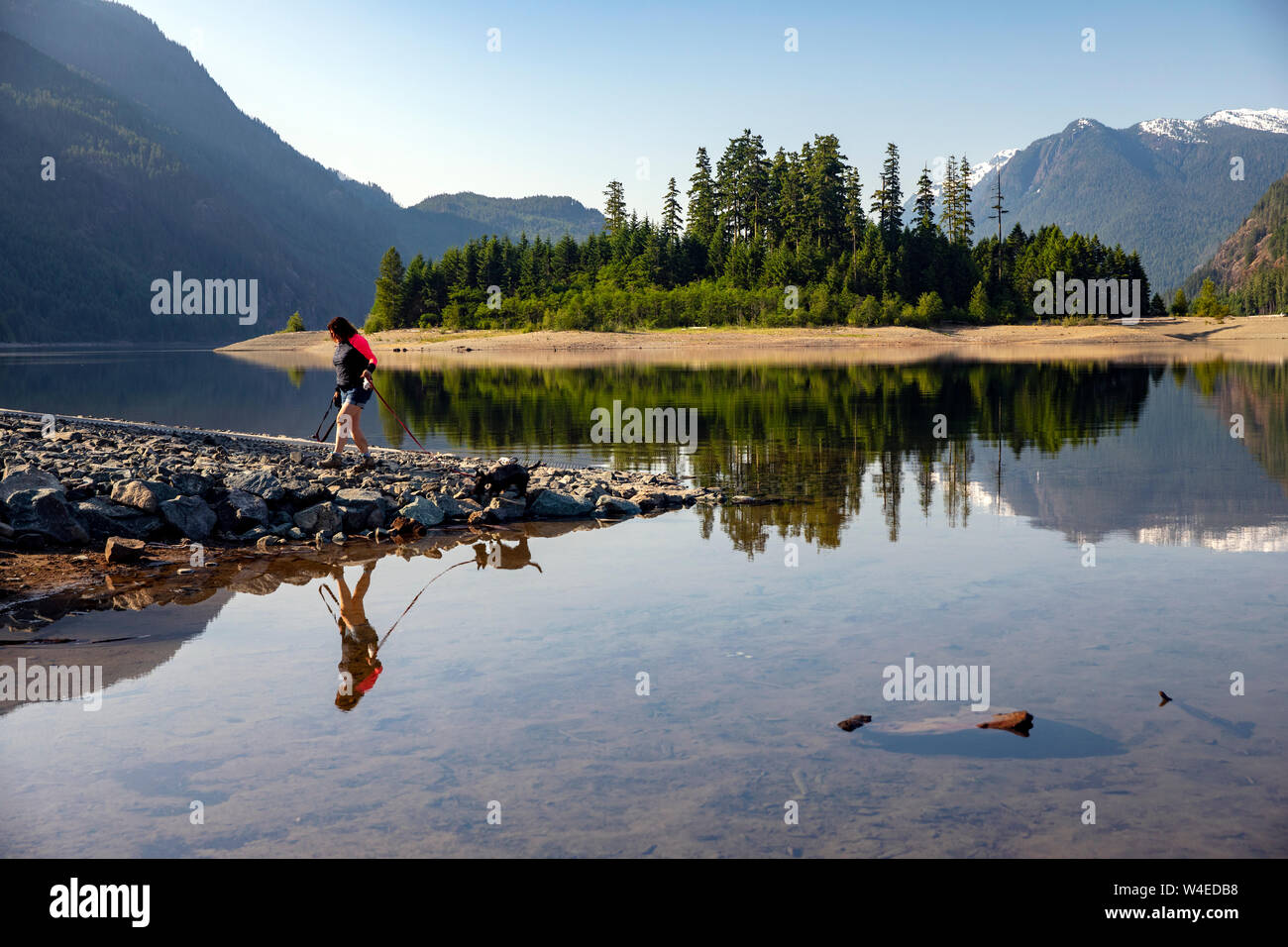 Hiker with dog at Buttle Lake - Strathcona Provincial Park, near Campbell River, Vancouver Island, British Columbia, Canada Stock Photo