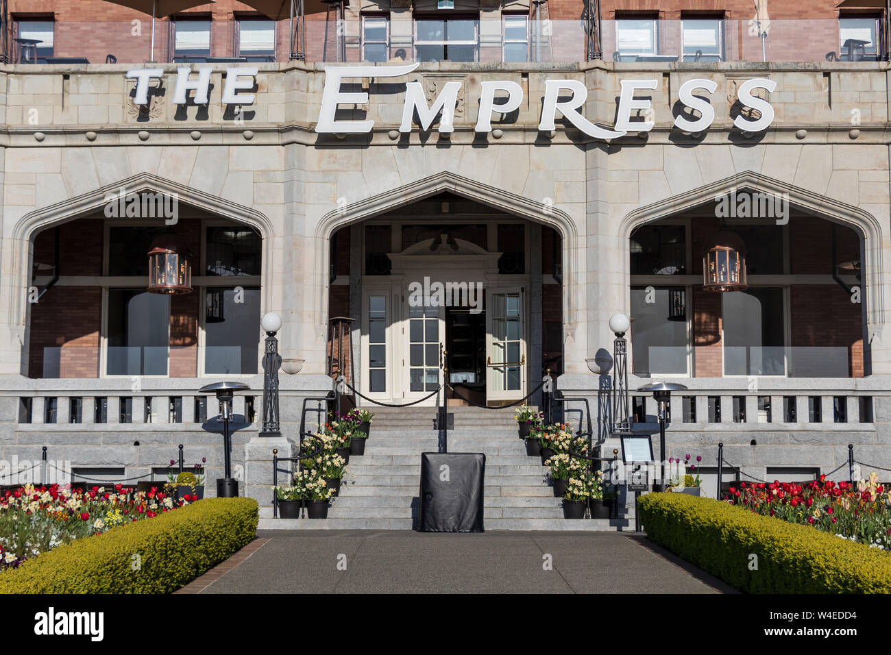 Front entrance to the Fairmont Empress Hotel on the waterfront, in Victoria, BC. Stock Photo