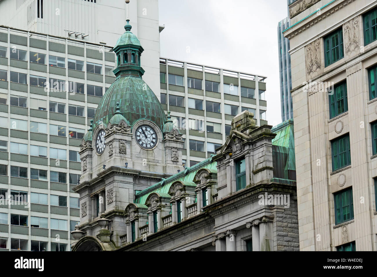 The dome clock tower at Sinclair Centre at Granville and Hastings streets in Vancouver, British Columbia, Canada. Stock Photo