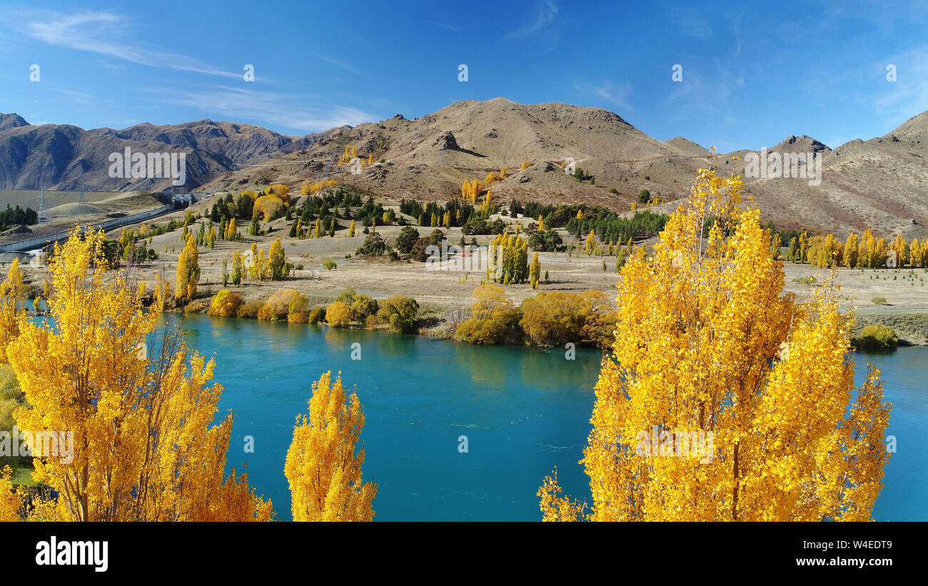 Lake Aviemore and Autumn Colour, Waitaki Valley, North Otago, South Island, New Zealand - drone aerial Stock Photo