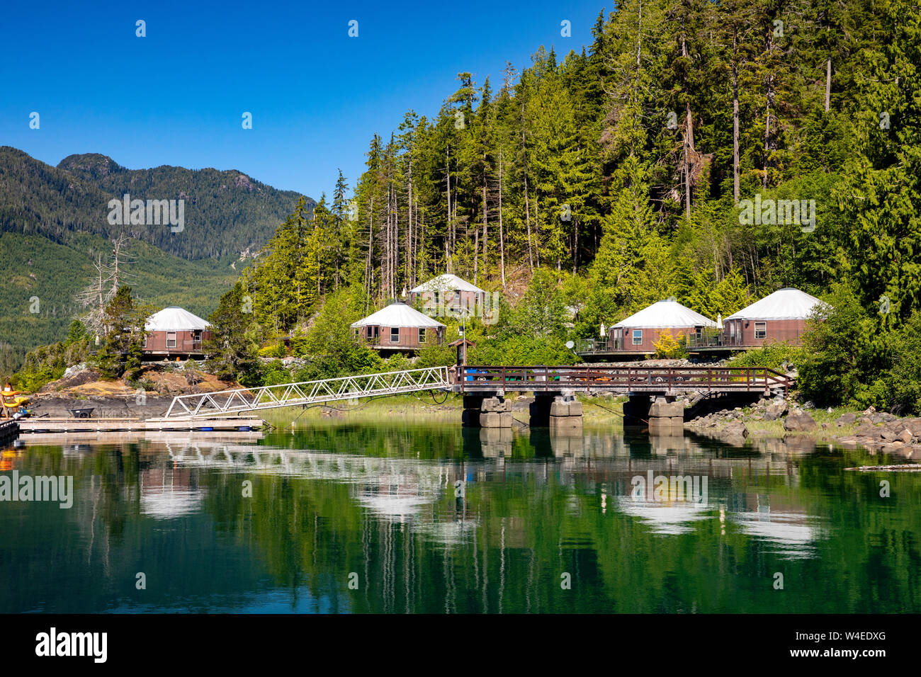 Yurts at Moutcha Bay Resort and Marina - Tahsis, Vancouver Island, British Columbia, Canada Stock Photo