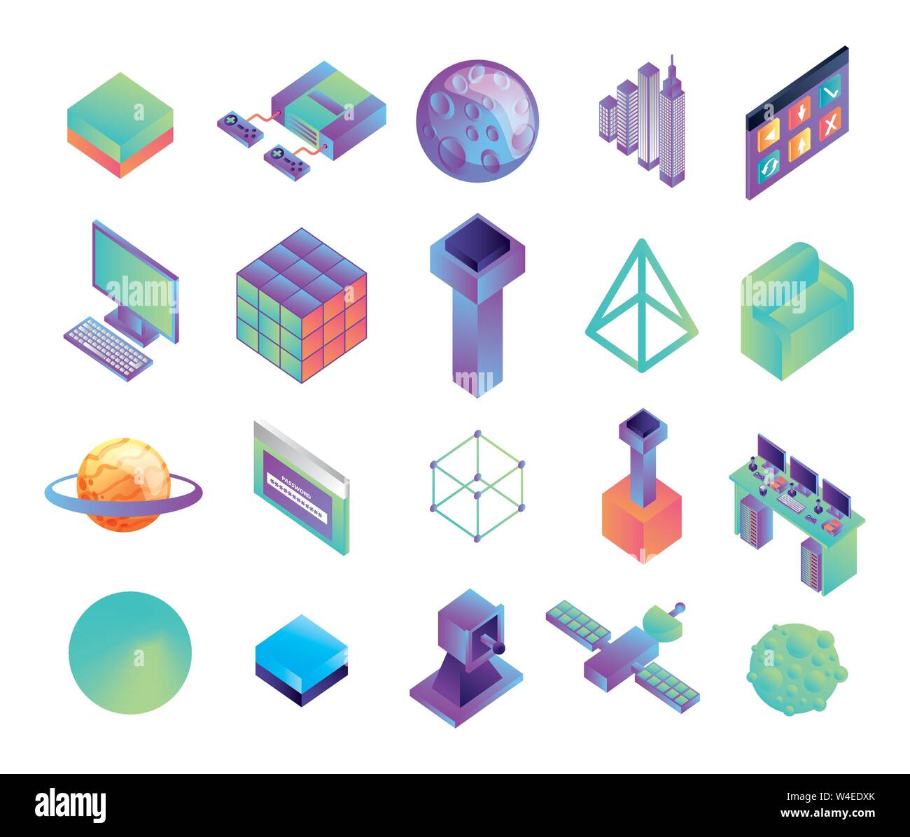 bundle of virtual reality technology icons Stock Vector