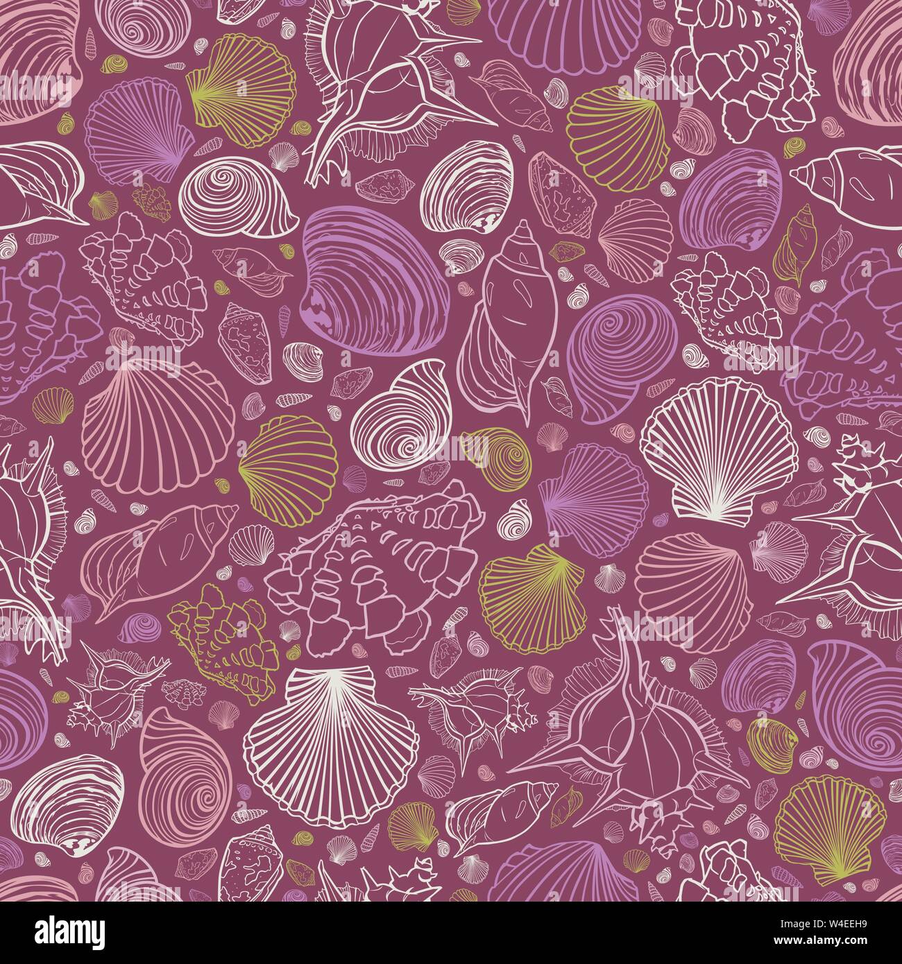 Vector purple repeat pattern with variety of seashells. Perfect for greetings, invitations, wrapping paper, textile, wedding and web design. Stock Vector