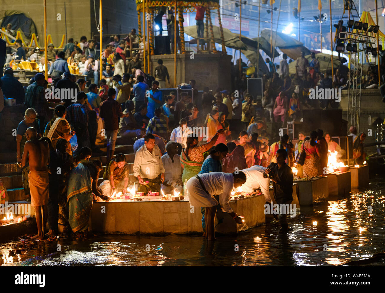 Varanasi, INDIA CIRCA NOVEMBER 2018 People at night on the ghats of