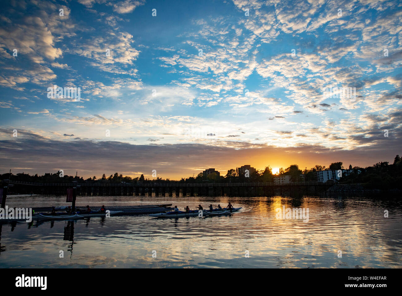 Paddling at Sunset on the Selkirk Waterway - Victoria, Vancouver Island, British Columbia, Canada Stock Photo