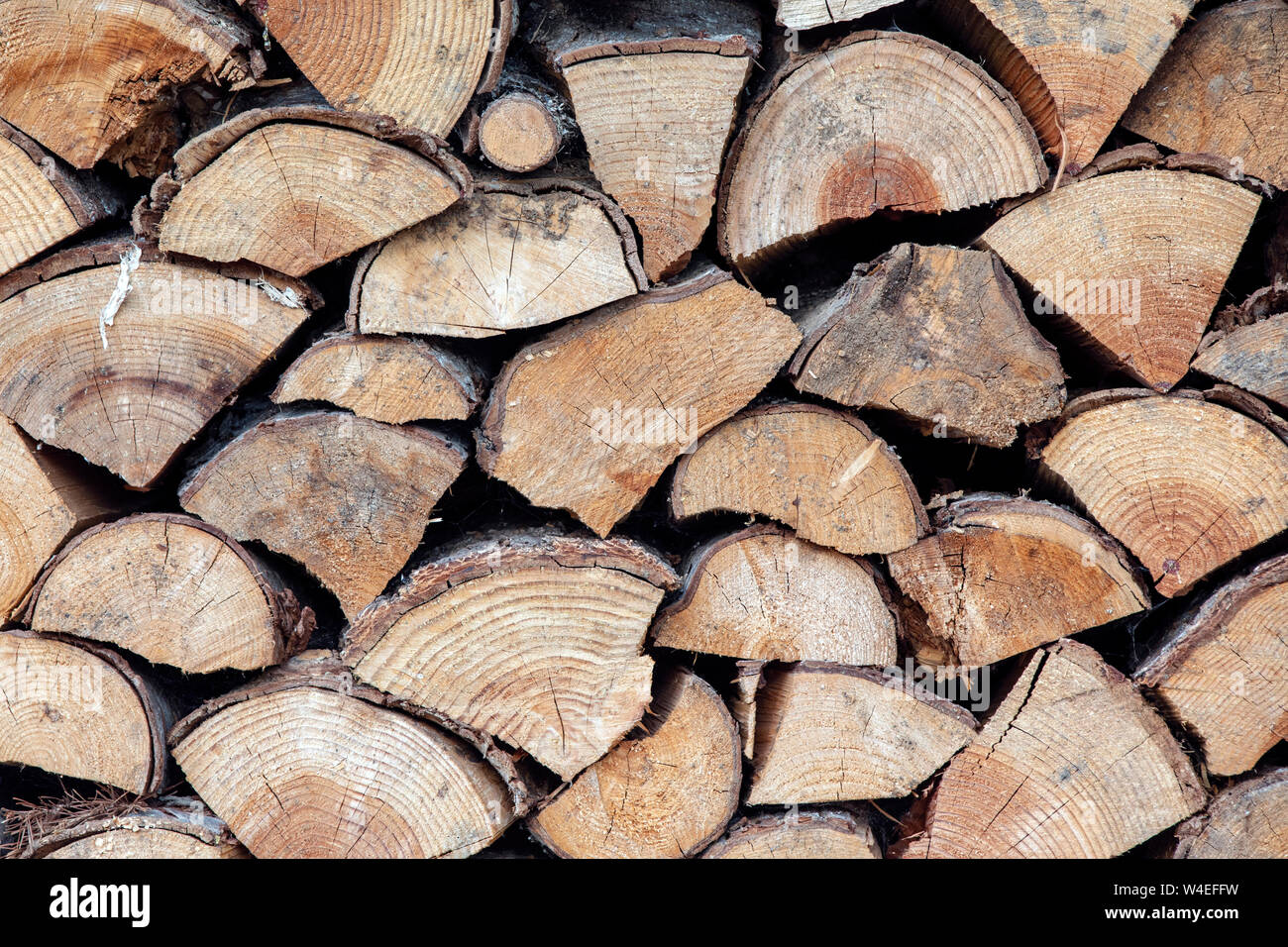 Close-up of a stack of Firewood - Strathcona Park Lodge in Strathcona Provincial Park, near Campbell River, Vancouver Island, British Columbia, Canada Stock Photo