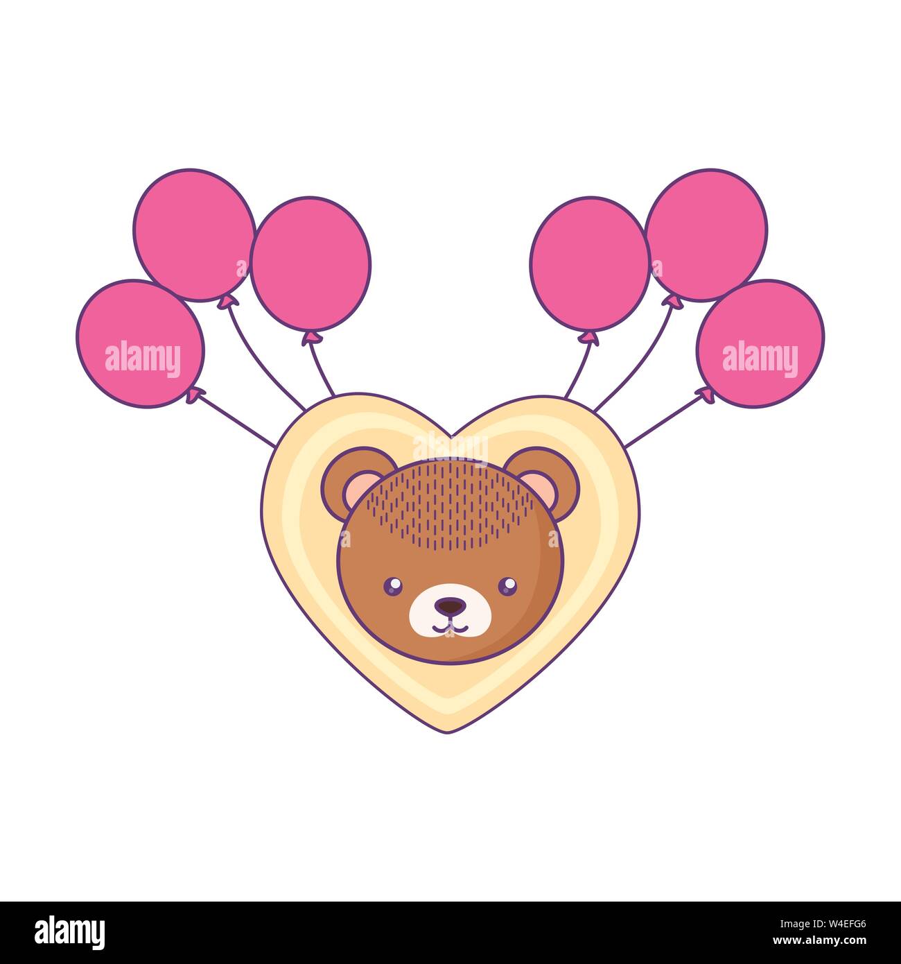 head of cute little bear baby in heart with balloons helium vector ...