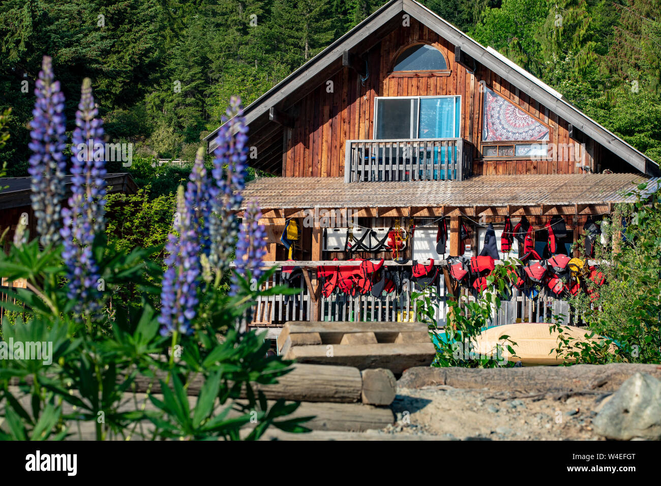 Waterfont Equipment Center at Strathcona Park Lodge in Strathcona Provincial Park, near Campbell River, Vancouver Island, British Columbia, Canada Stock Photo