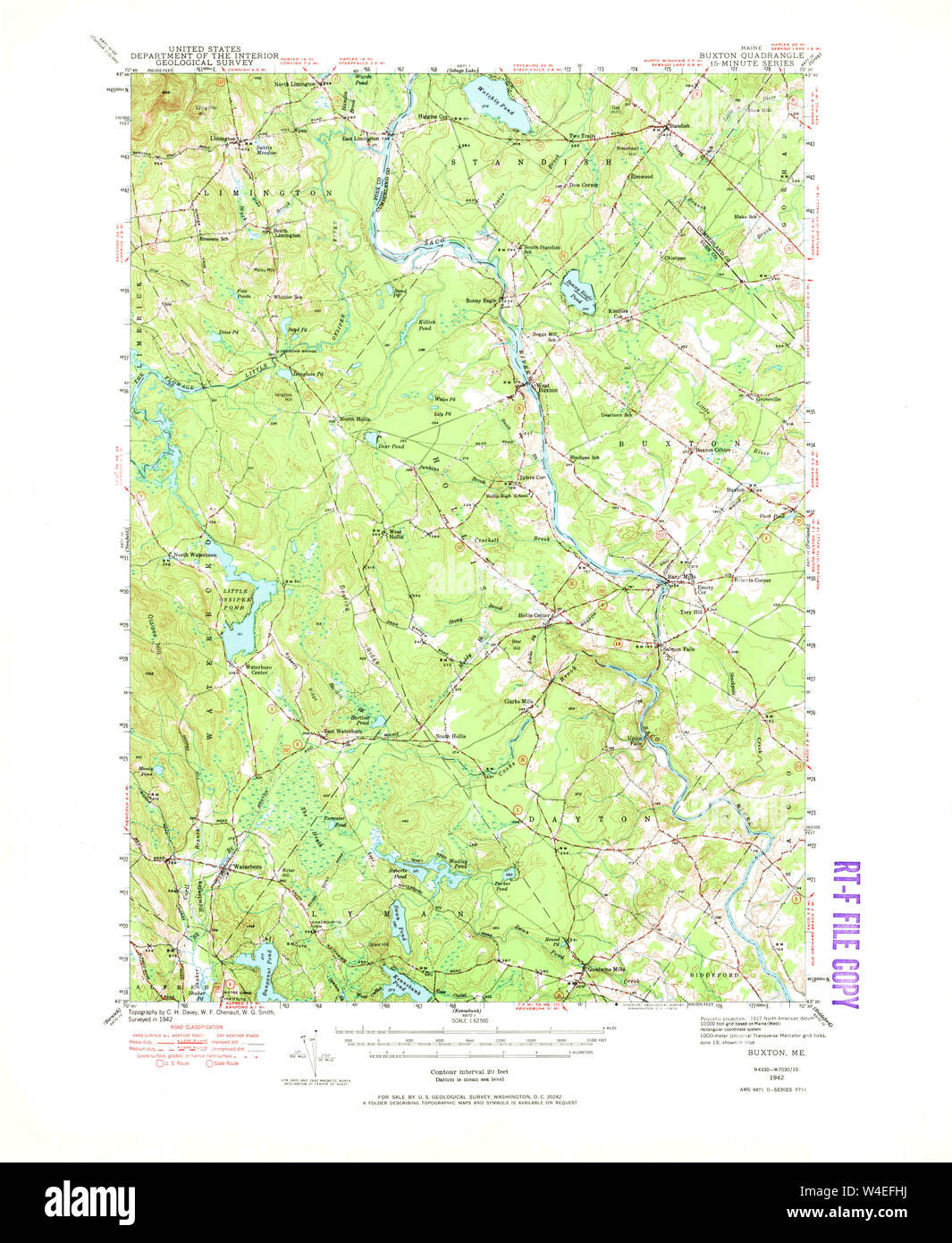 Maine USGS Historical Map Buxton 460278 1942 62500 Restoration Stock