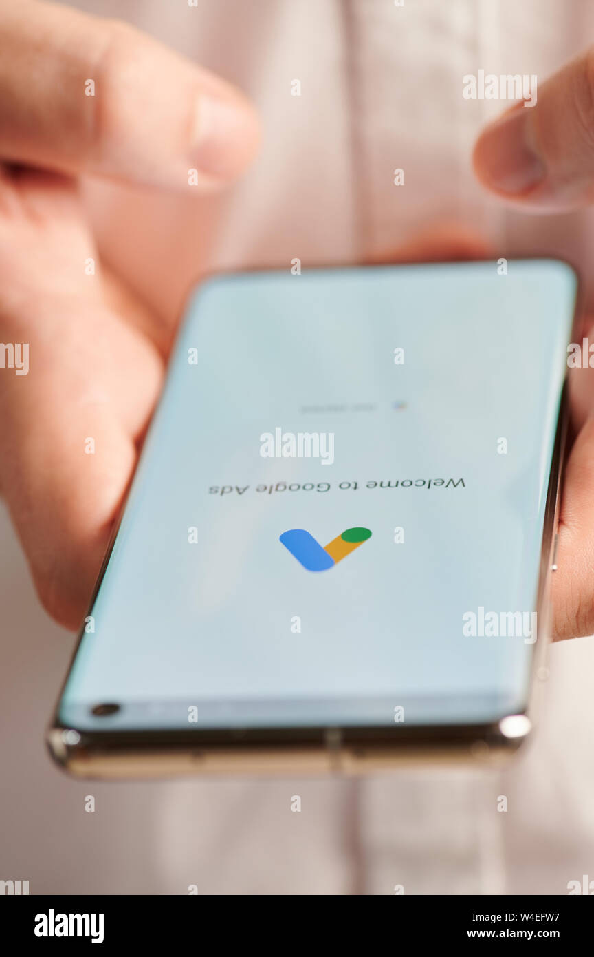 New york, USA july 22, 2019 Using google ads mobile app close up