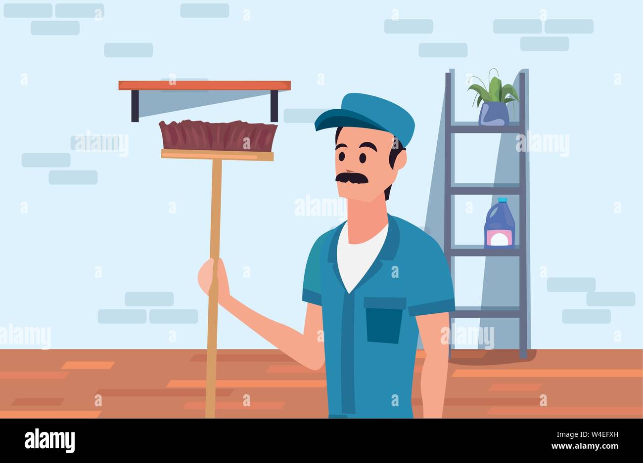 worker cleaning man broom on white background vector illustration Stock ...