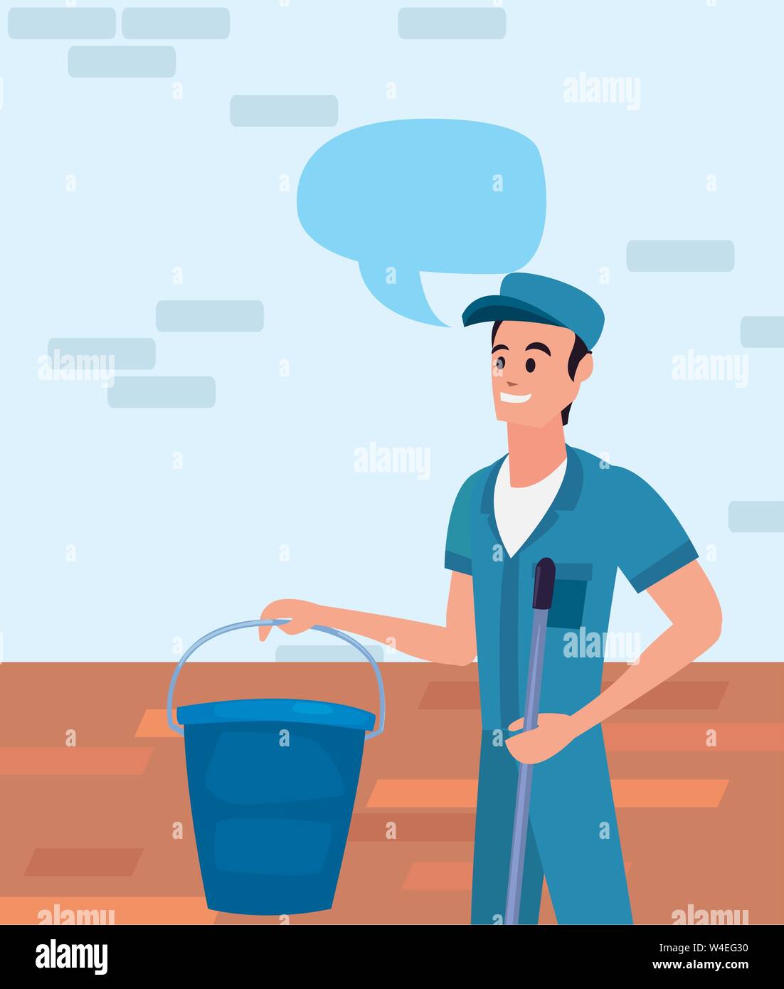 worker cleaning man bucket and mop on brick wall background vector ...