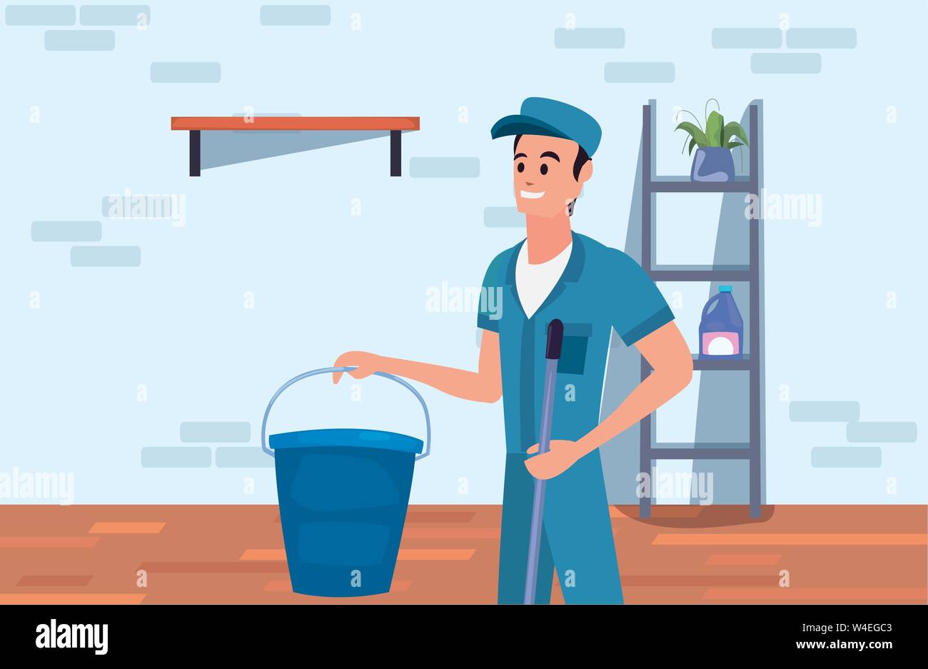 worker cleaning man bucket and mop on white background vector ...