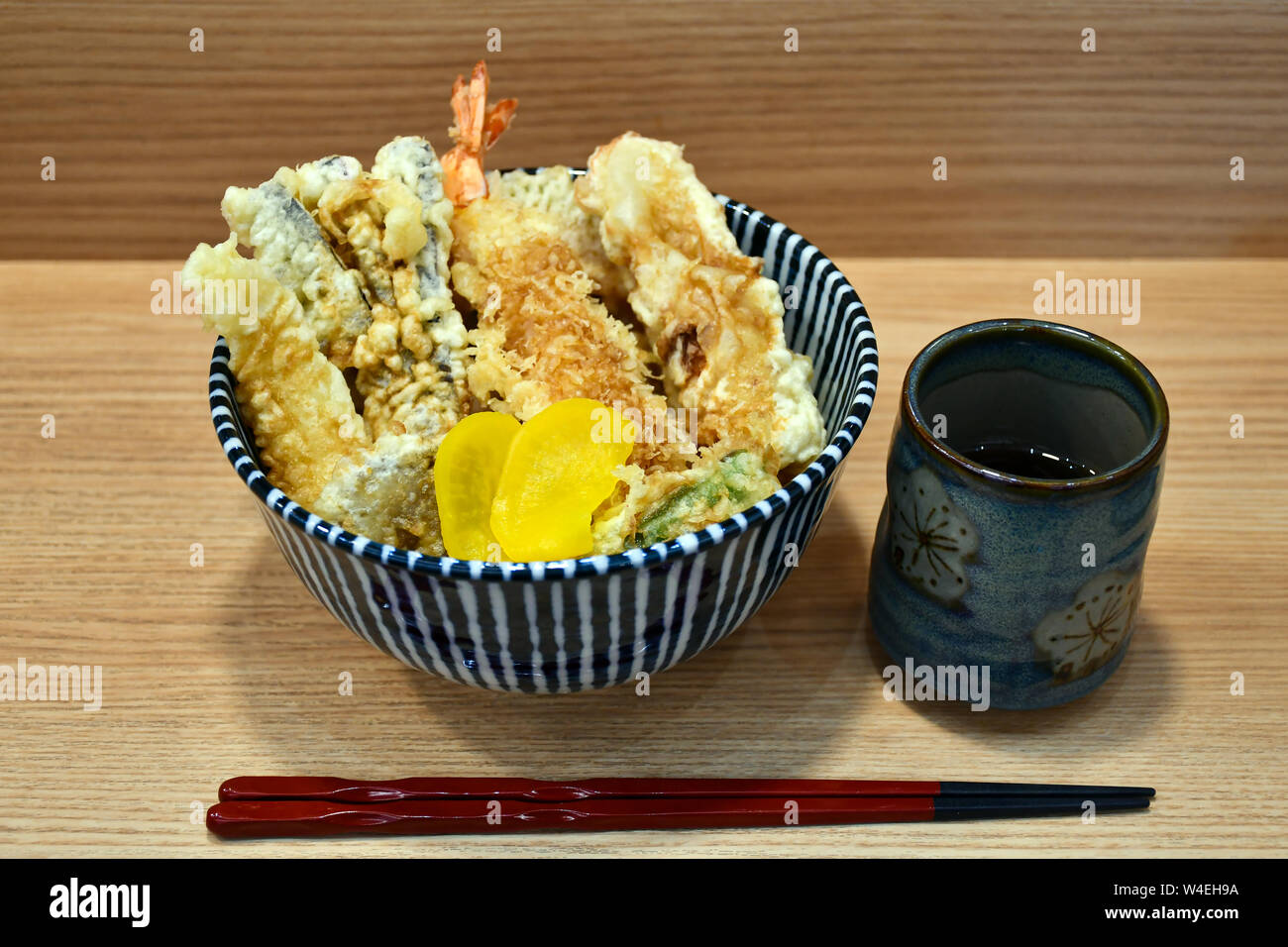Shrimp and mixed vegetable tempura rice bowl. Stock Photo