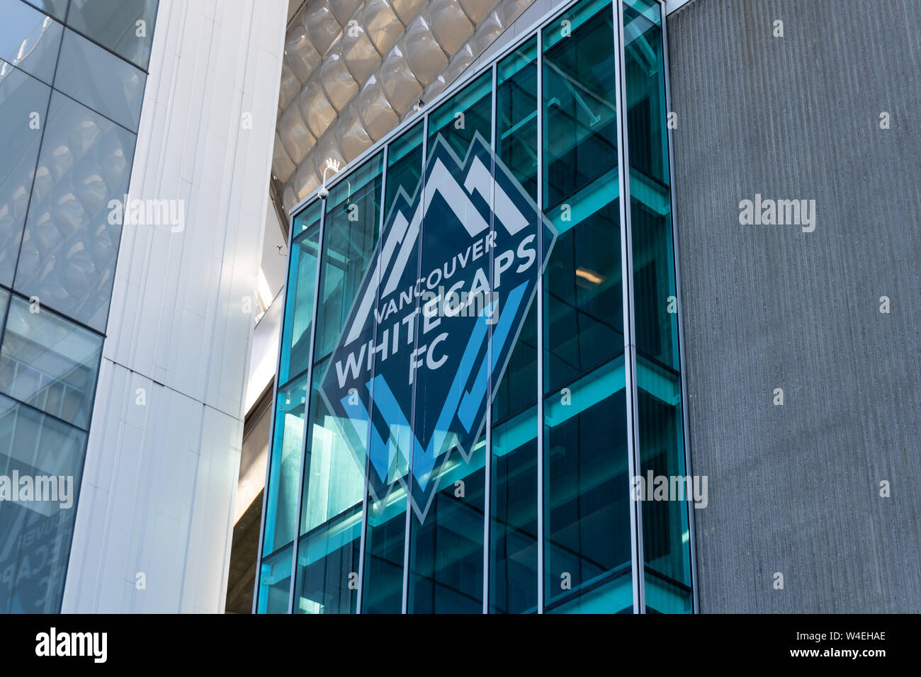 Vancouver Whitecaps FC logo outside the soccer teams home stadium, BC Place in downtown Vancouver, BC. Stock Photo