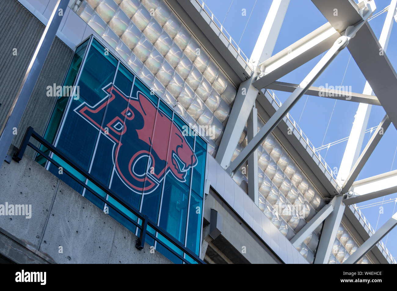 BC Lions logo outside the football teams home stadium, BC Place in downtown Vancouver, BC. Stock Photo