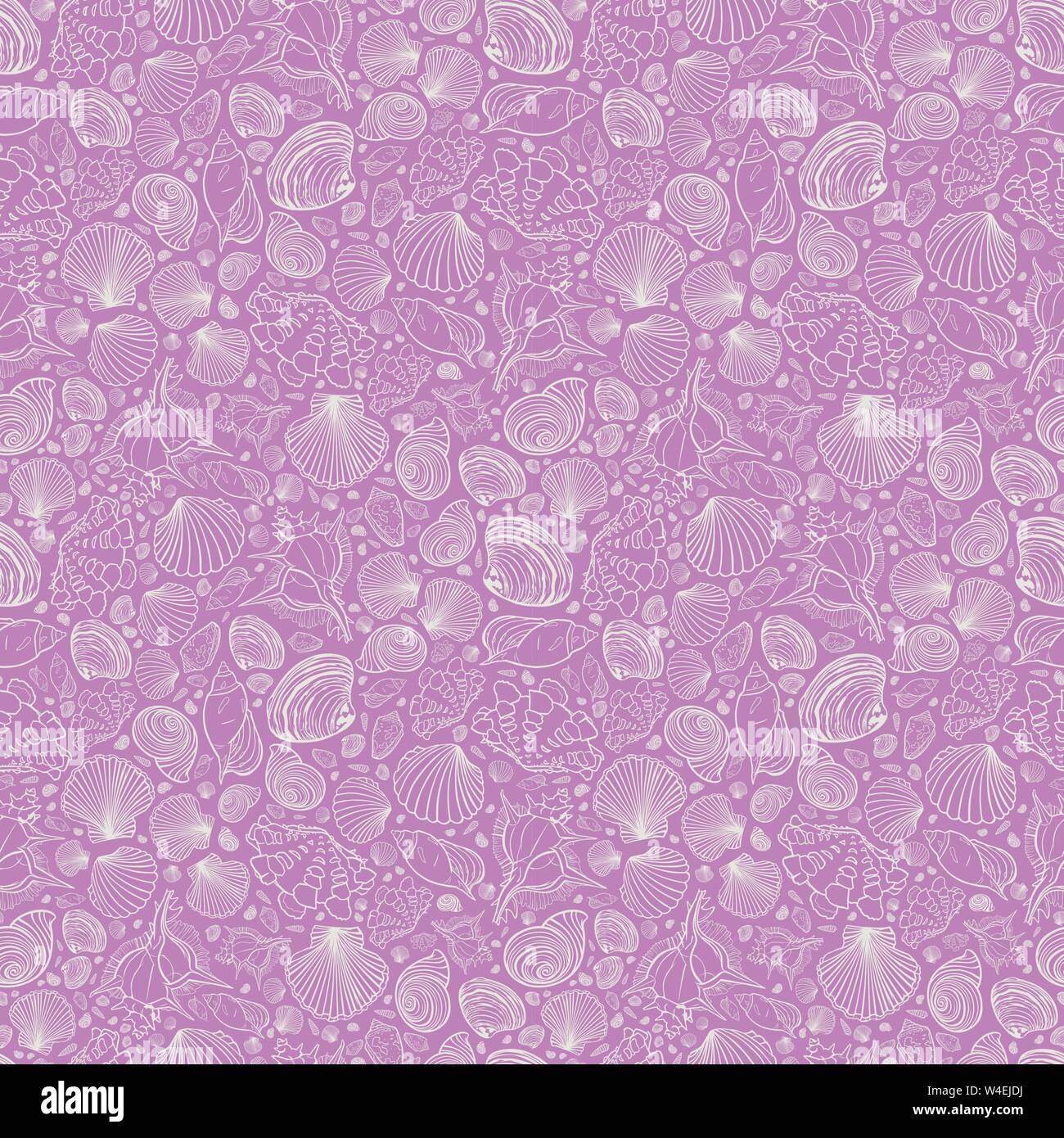 Vector pink repeat pattern with variety of tiny seashells. Perfect for greetings, invitations, wrapping paper, textile, wedding and web design. Stock Vector