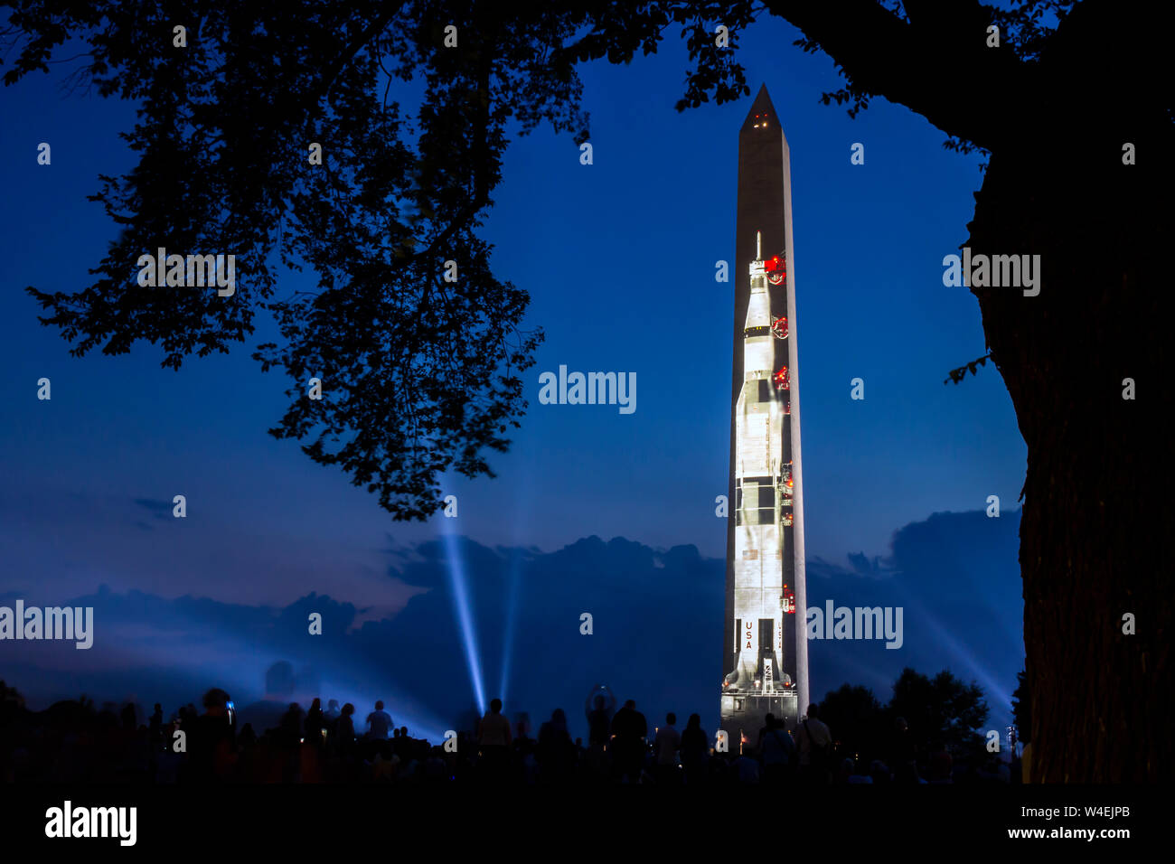 Apollo 11 Saturn V rocket projected onto the Washington Monument at National Mall in commemoration of the lunar landing 50th anniversary 20 July 2019. Stock Photo
