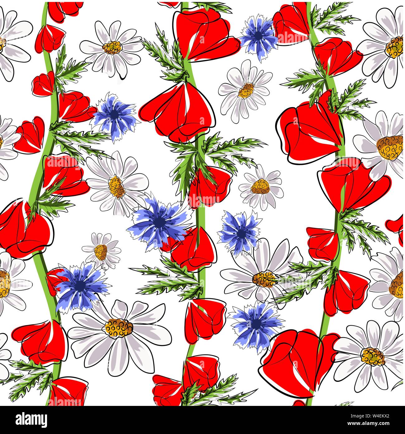 Red poppies and daisies. Seamless pattern. Vector illustration Stock Vector
