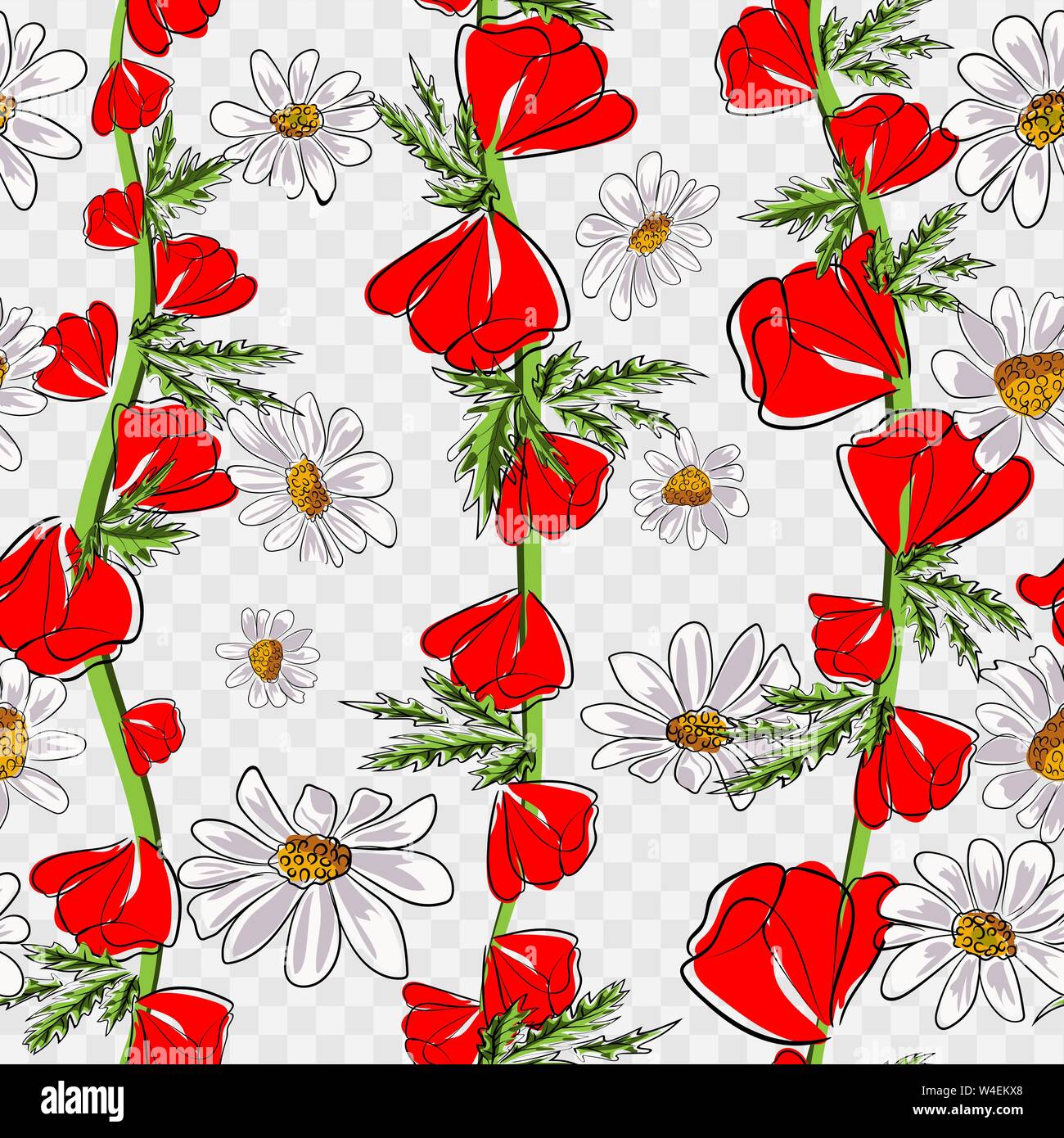 Red poppies and daisies. Seamless pattern. Vector illustration Stock Vector