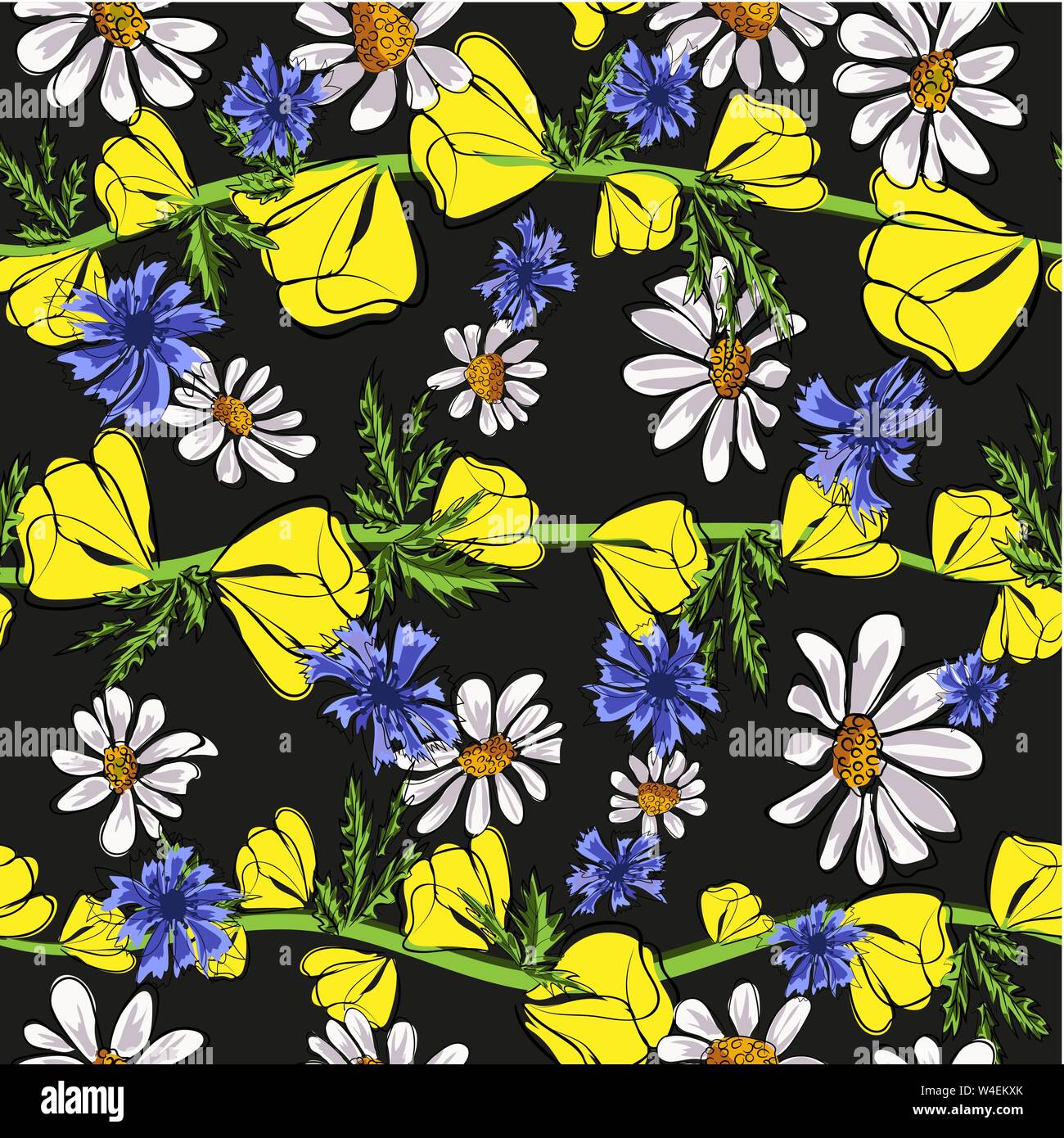 Red poppies and daisies. Seamless pattern. Vector illustration Stock Vector