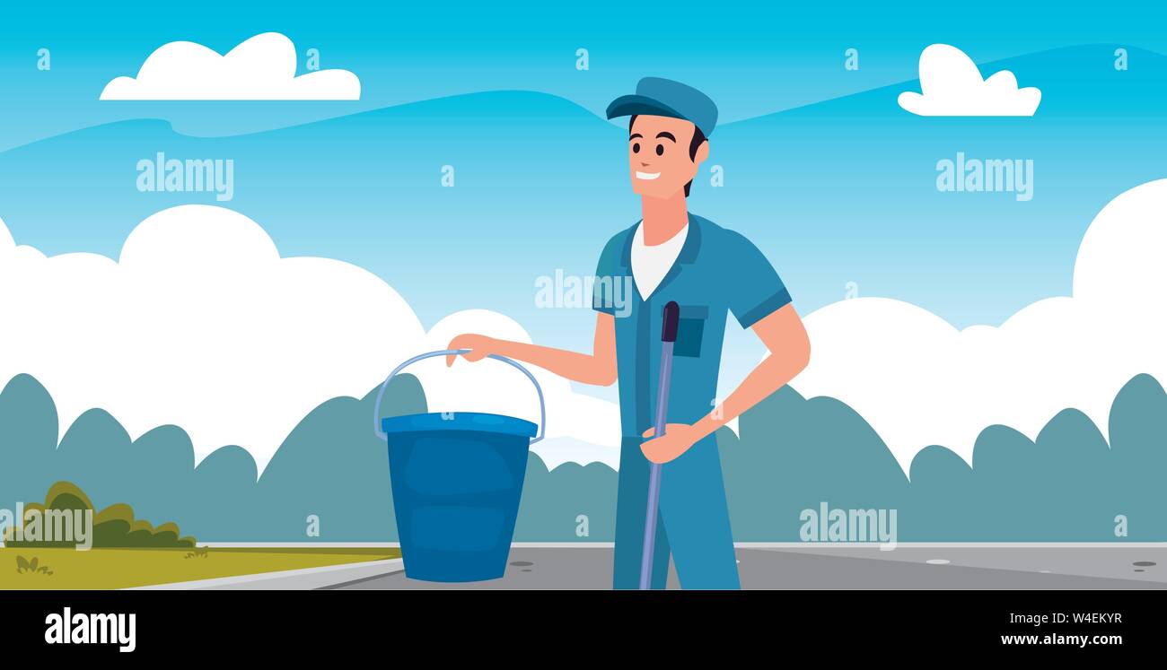 worker cleaning man bucket and mop outdoors vector illustration Stock ...
