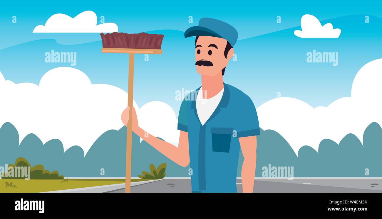 worker cleaning man broom outdoors vector illustration Stock Vector ...