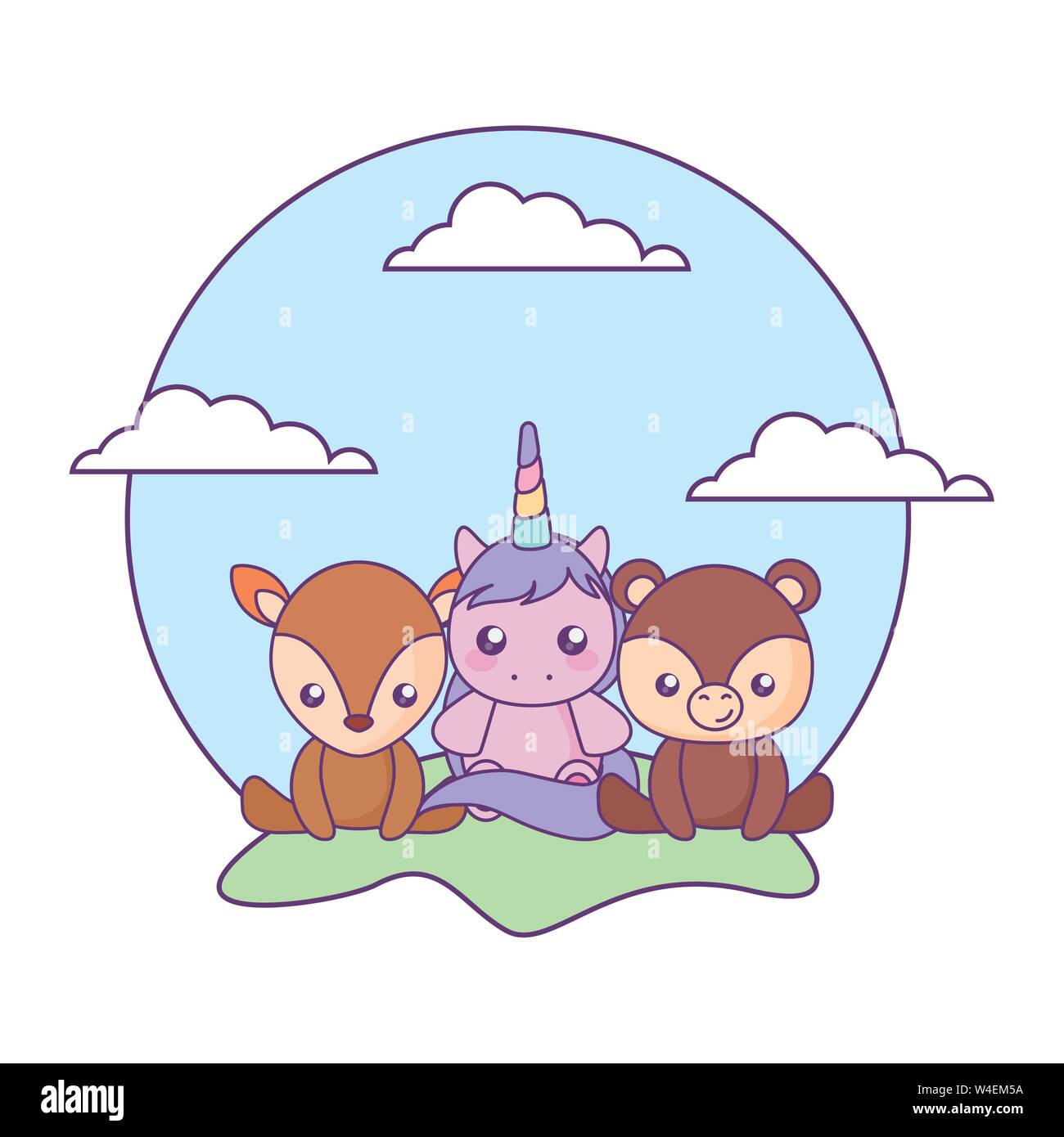 Cute Little Unicorn With Bear And Reindeer Baby In Landscape Vector