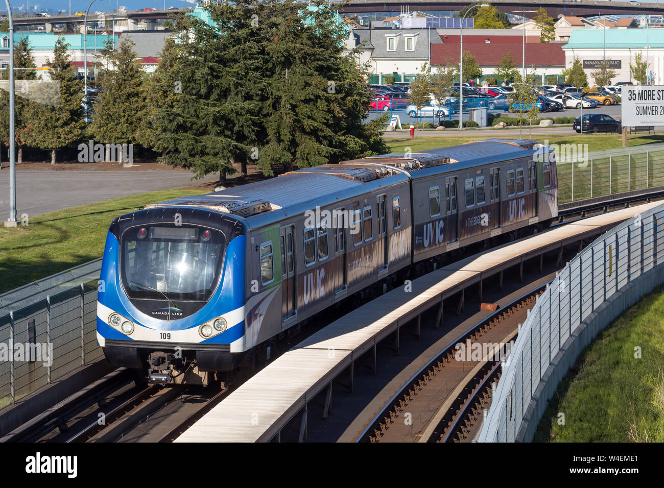 Canada Line subway leaving Temlpleton Station for Vancouver International Airport. Stock Photo