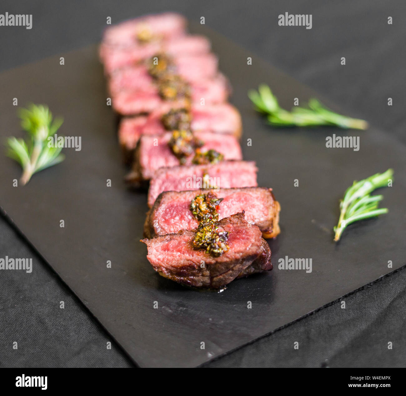 New york strip porterhouse steak beef meat with garnished and spices