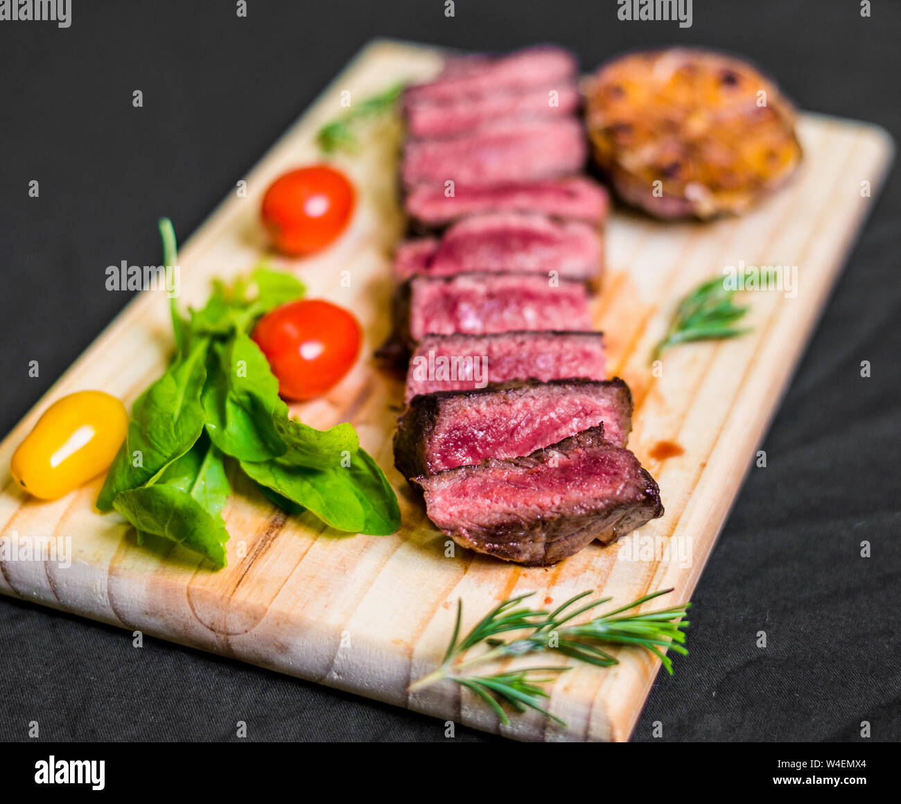 New york strip porterhouse steak beef meat with garnished and spices