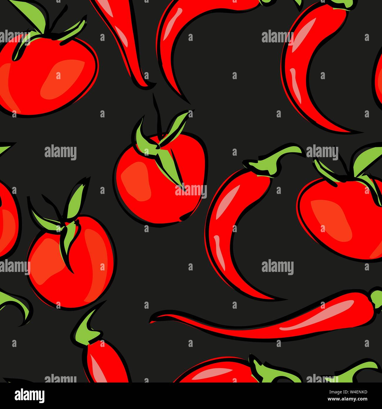 Still life. Ripe tomatoes, cherry tomatoes and hot peppers. Seamless ...