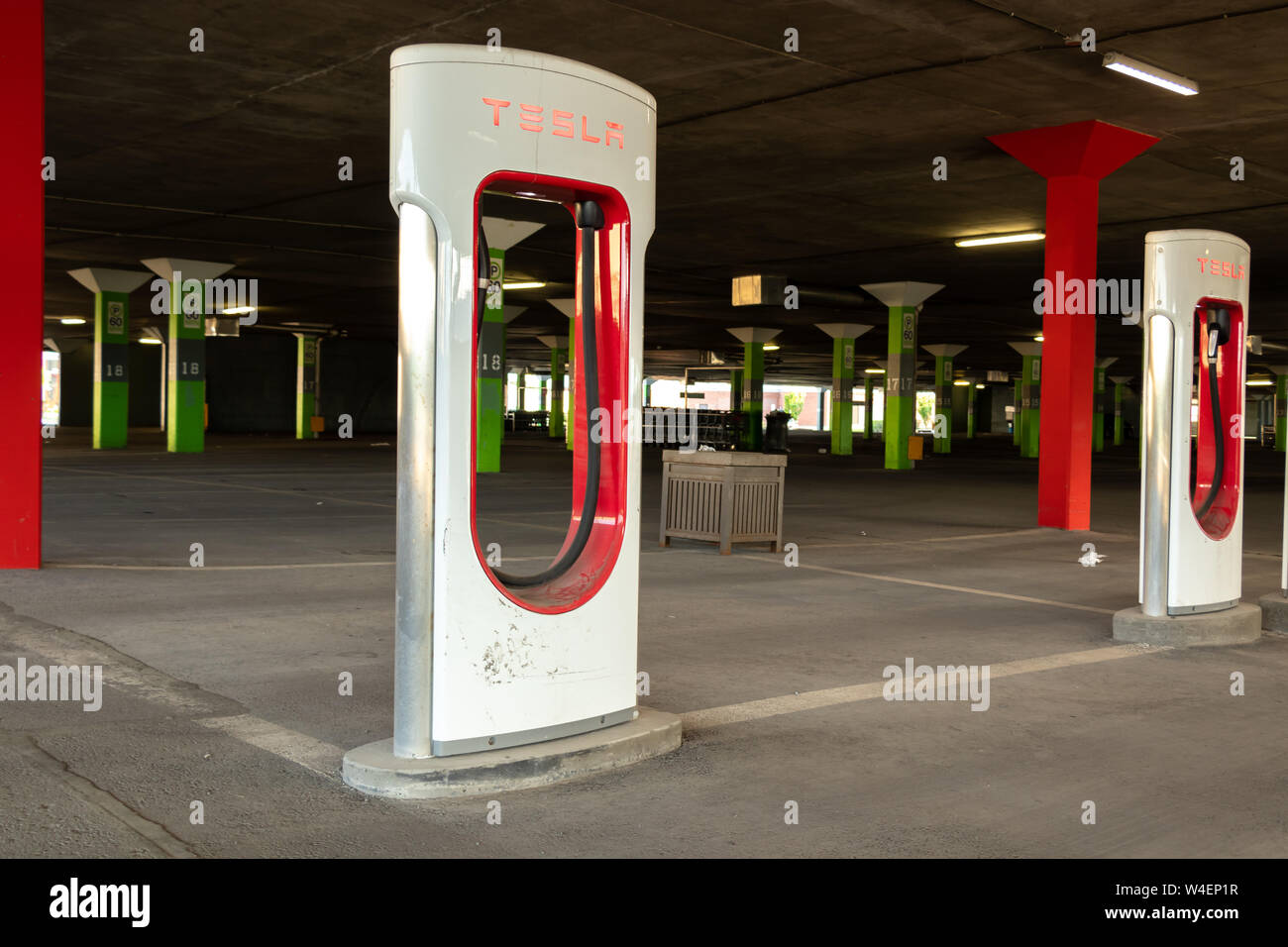 Tesla Supercharger Stations at Tesla's Place Vertu location in Montreal