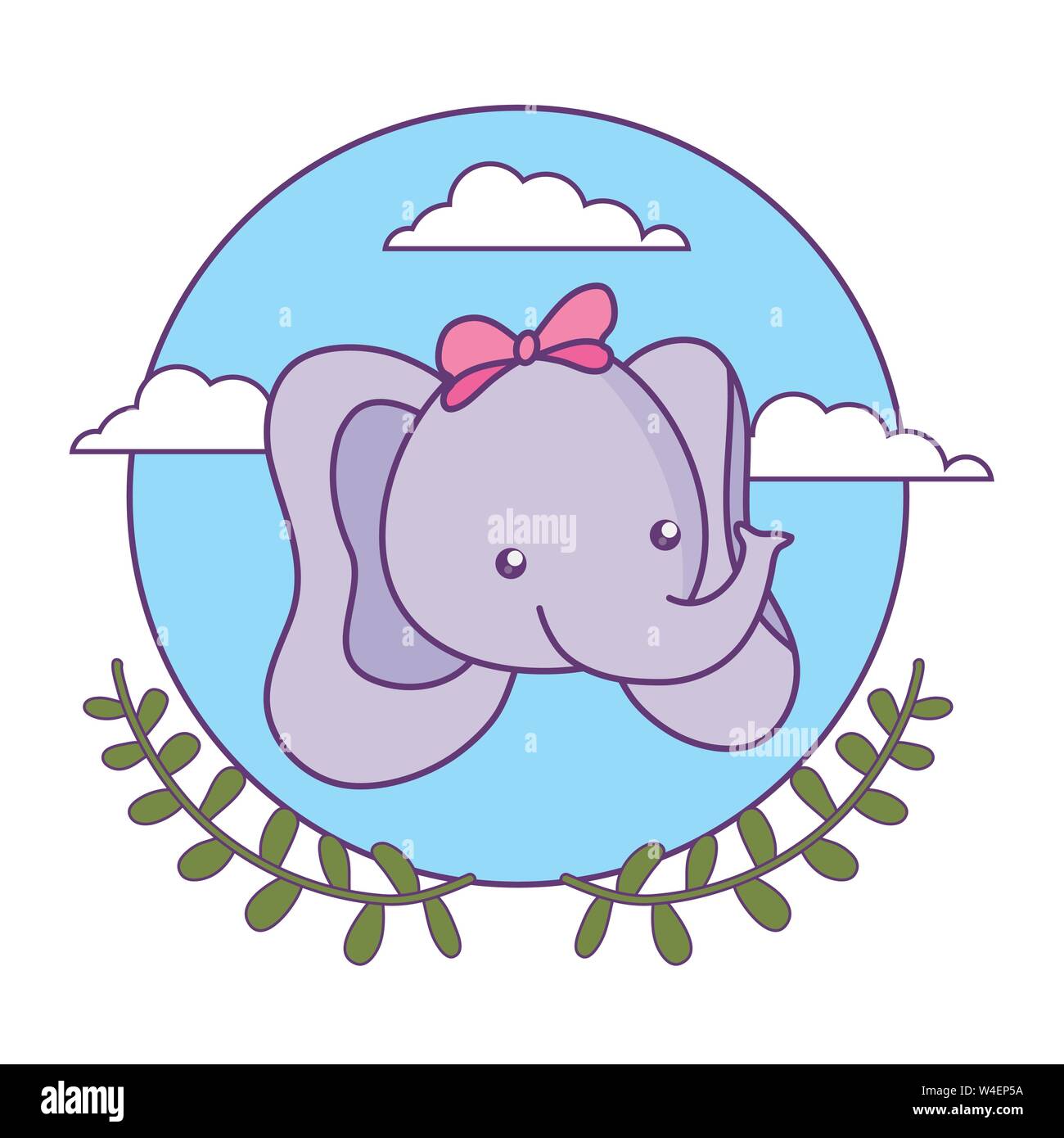 head of cute little elephant baby with crown leafs vector illustration ...