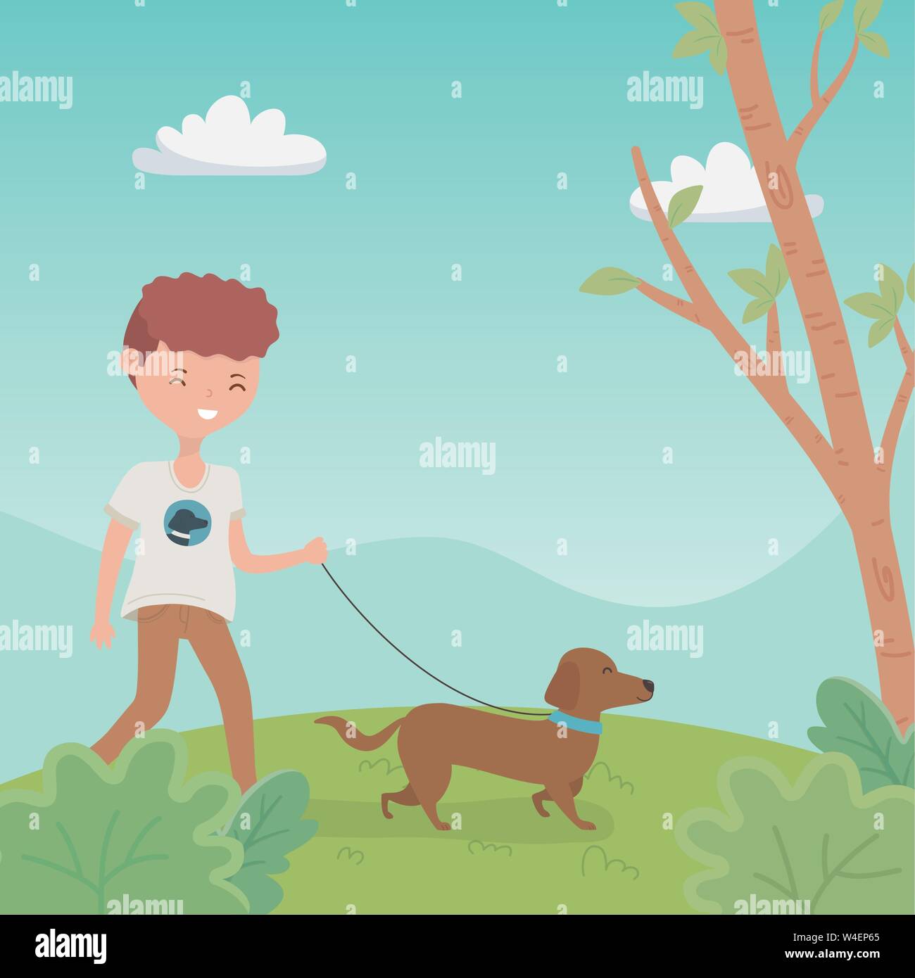 young man with cute little dog mascot in the field vector illustration ...