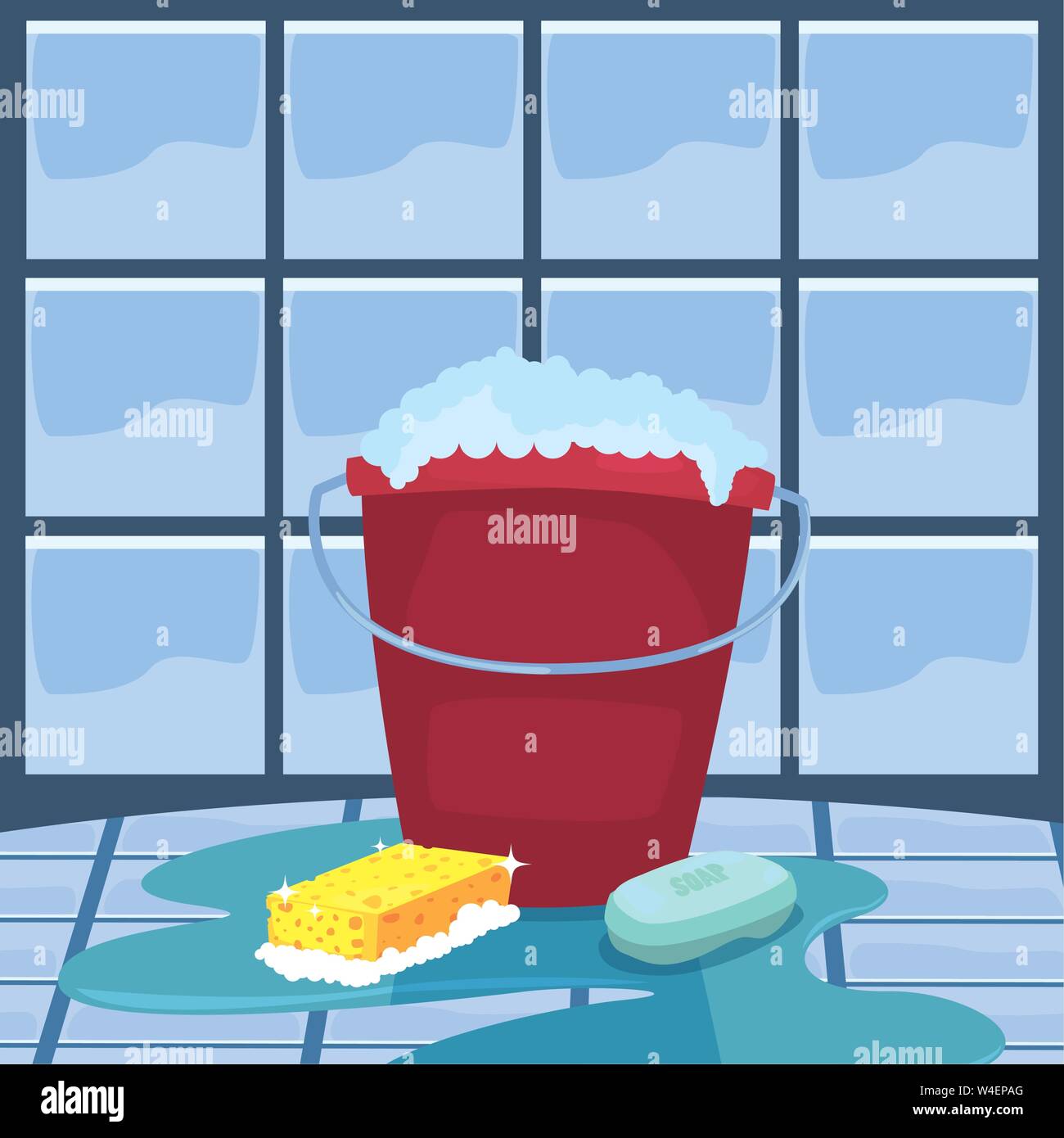 bucket soap sponge bubbles cleaning products and supplies vector ...